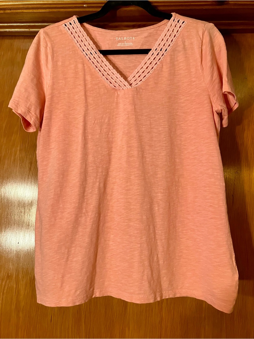 Talbots Coral V-Neck Short-Sleeve Tee with Crochet Trim